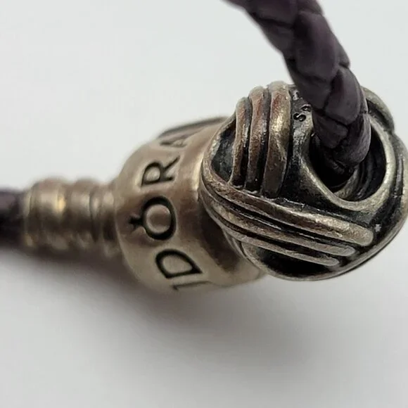 Pandora Brown Woven Leather Bracelet 6" With 3 Sterling Silver Charms All Marked - Picture 6 of 9